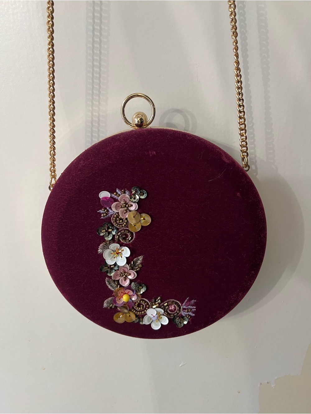 Round Velvet Floral Embellished Crossbody Bag - Plum